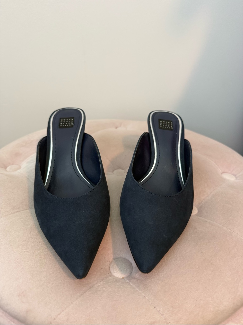 White House Black Market Navy Pointed Slip-On Mules